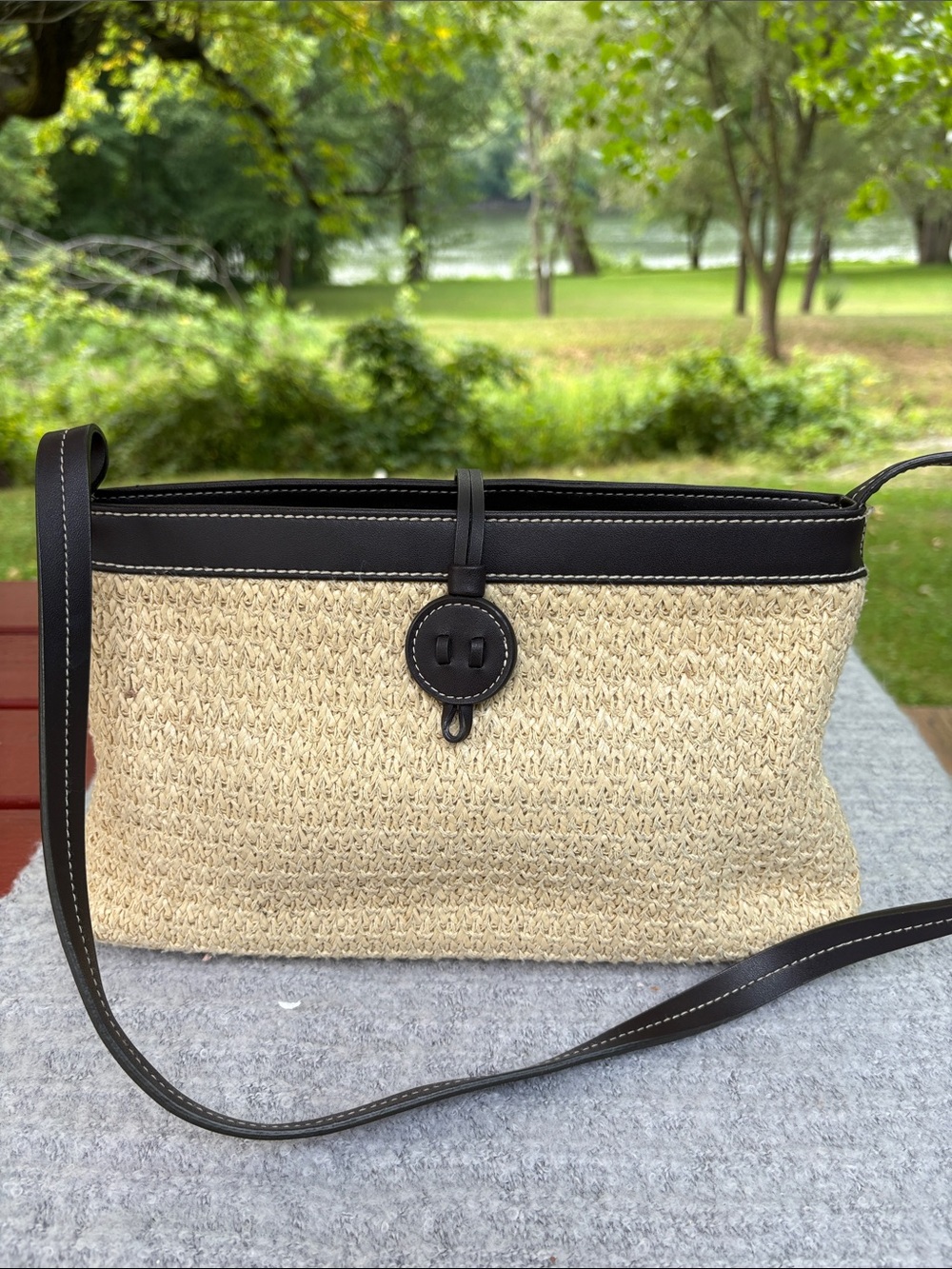 Etienne Aigner Tan Woven Crossbody with Black Trim
